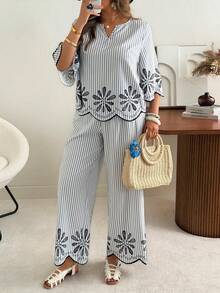 Ceyna Bộ đồ hai mảnh phong cách Boho nữ màu xanh trắng kẻ sọc, họa tiết lượn sóng, áo sơ mi cổ chữ V và quần dài. - Xanh và trắng - Xem 1
