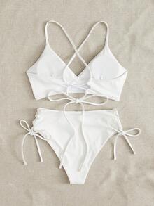 Costavie 2026春夏两件套女士深绿色沙滩套装，深V领露背褶皱无钢圈泳衣，休闲夏季沙滩泳装女士泳衣套装女士泳装套装保守比基尼套装比基尼套装泳装套装 - 白色 - 查看 2