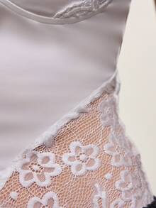 Rina Fox Women's White Summer Elegant Night Out Shiny Knit Fabric Contrast Lace Bodysuit,Vintage Sweet Y2K Lace Trim Patchwork Vacation Bodysuit - White - View 7