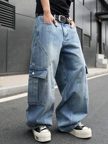 Manfinity EMRG Men's Casual Street Style Multi-Pocket Distressed Flared Leg Blue Jeans - Light Wash - View 8