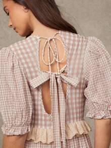 WESTFADE Mixed Gingham Petal Sleeve Open Back Tie Loose Fit Tiered Maxi Dress - Brown - View 1