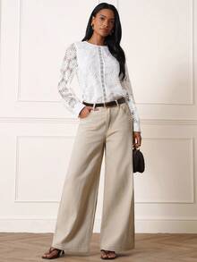 Lilora Stylish White Round Neck Lace Blouse Women's Long Sleeve Regular Fit Top Wedding Summer Elegant - Apricot - View 5