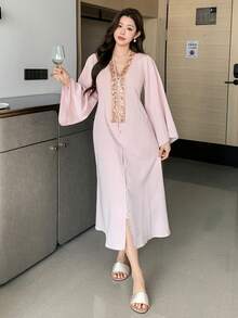 DAZY Elegant Sequin Decor Collar Open Front Long Women Robe - Pink - View 5