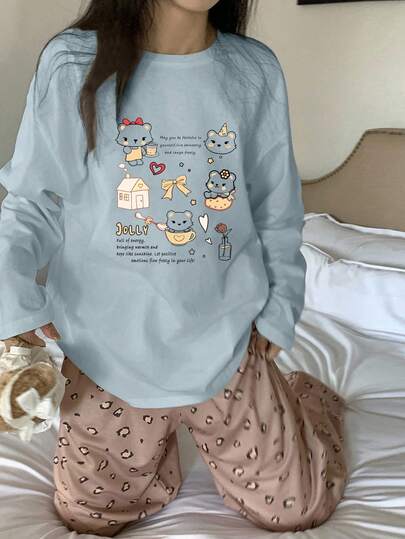 DAZY 2pcs Cartoon Bear Print Long Sleeve T-Shirt And Loose Leopard Pattern Long Pants Pajama Set, Spring Women Sleepwear