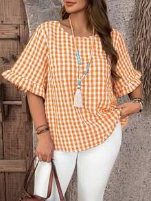 EMERY ROSE Blusa holgada de manga corta con cuello redondo, volantes y estampado a cuadros, talla grande, para verano - Naranja - Ver 6