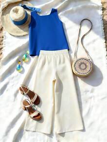 Franclia 女士优雅休闲克莱因蓝色背心和阔腿裤两件套 - 藍色 - 查看 2