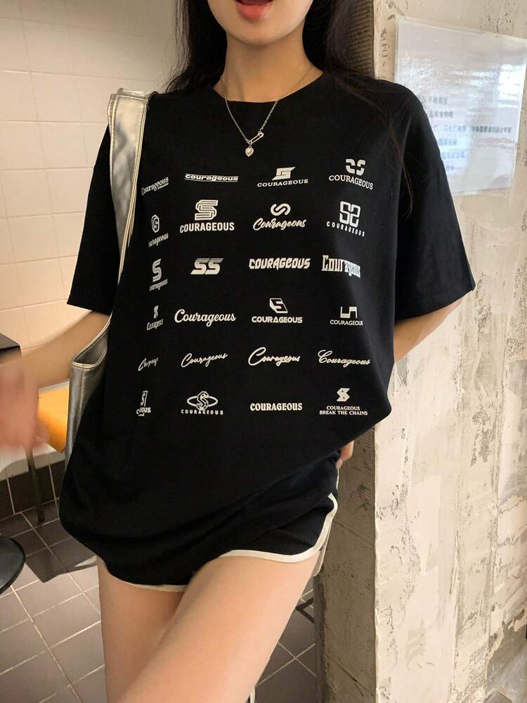 Women's Letter Print Round Neck Dropped Shoulder Casual Loose T-Shirt Graphic Tees Women