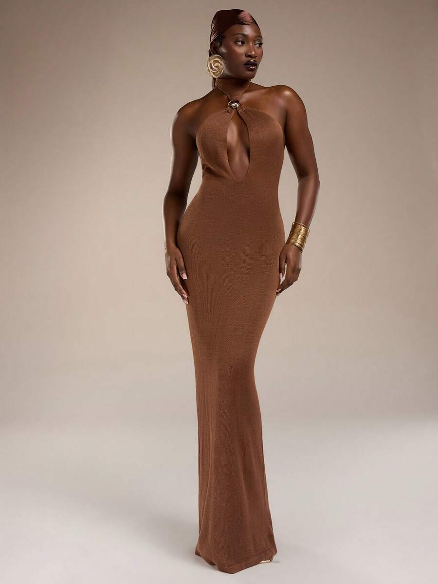 Normani Women's Fashionable Sexy Backless Halter Neck Bodycon Dress - Brown - View 1