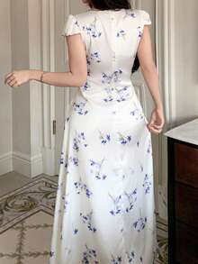 DAZY Women's Elegant Ditsy Floral Satin Contrast Trim Waist Maxi Nightgown, Summer - Beige - View 2