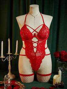 SpicyHot 3件套蕾丝透视深V露背吊带性感连体衣内衣套装 - 紅色 - 查看 6