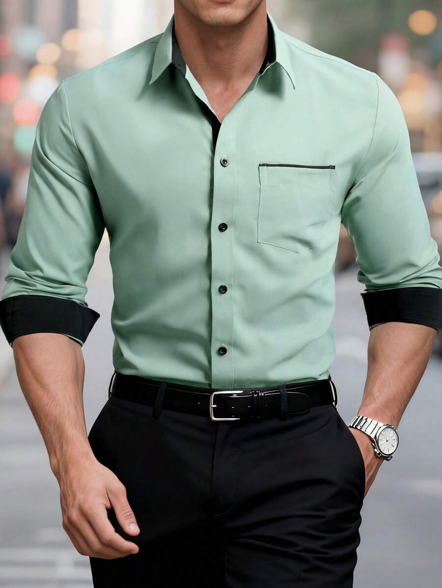 Manfinity Mode Men's Contrast Color Long Sleeve Single-Breasted Pocket Casual Shirt, Formal - Army Green - View 1