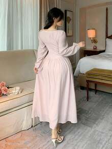 DAZY 法式方领长袖连衣裙，优雅妩媚 - 泡泡糖粉 - 查看 7