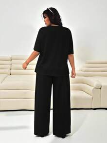 Solflare Bộ đồ mặc nhà 2 món thoải mái dành cho nữ Bộ áo phông cardigan dệt kim họa tiết cỡ lớn + quần ống rộng - màu đen - Xem 2