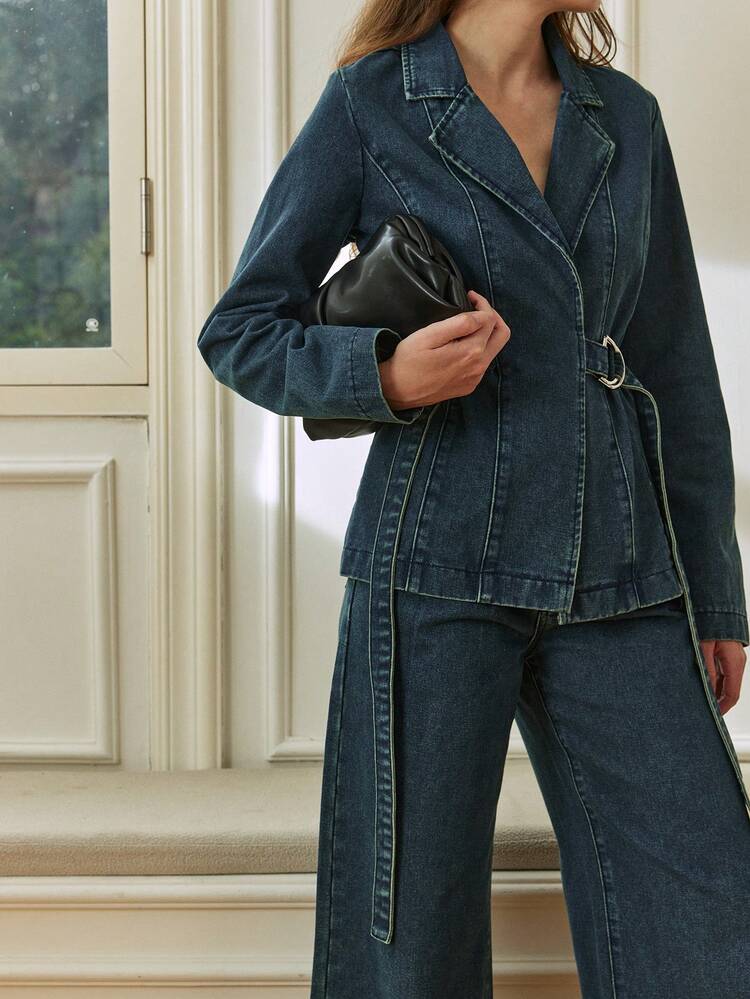 Spring/Summer Romantic Design Loose Casual Commute Elegant Blue Shirt And Straight Leg Jeans Women 2-Piece Suit Business Casual Woman