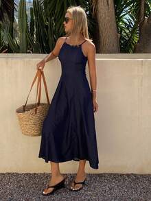 DAZY Đầm hai dây denim màu xanh hải quân cổ điển, kiểu Pháp ôm sát tôn dáng, dáng xòe dài cho nữ mùa hè. - Màu xanh lam - Xem 5