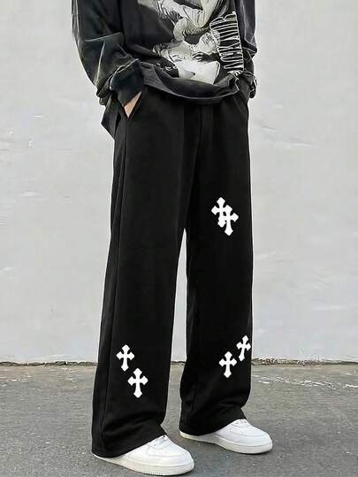 Coolqubz Teenage Boys' Casual Loose Fit Sweatpants With Pockets, Minimalist Cross Print, Black, Versatile Straight Leg Joggers