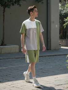 SHEIN Vacaura 2件套休闲时尚撞色T恤短裤套装，适合青少年男孩，春夏日常穿着和外出活动。 - 軍綠色 - 查看 1