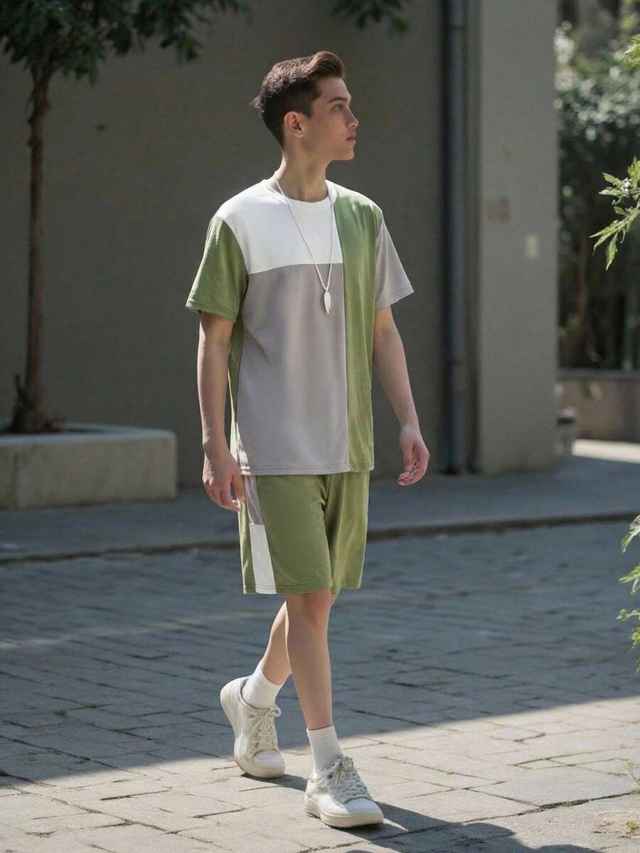 SHEIN Vacaura 2件套休闲时尚撞色T恤短裤套装,适合青少年男孩,春夏日常穿着和外出活动。 - 軍綠色 - 查看 1