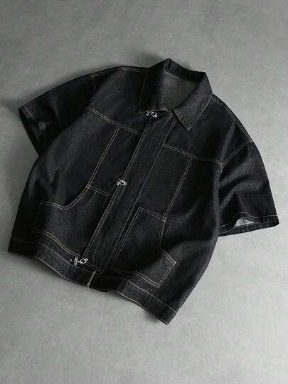 ROMWE MEN Grunge Punk 男士纯色前开襟休闲百搭短袖牛仔衬衫