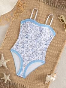 SHEIN 少女贝壳印花连体泳衣，适合游泳、度假、夏季海滩、泳池、节日派对 - 彩色 - 查看 3