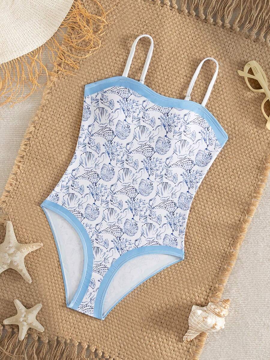 SHEIN 少女贝壳印花连体泳衣,适合游泳、度假、夏季海滩、泳池、节日派对 - 彩色 - 查看 1