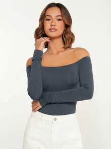 SHEIN BASICS 女士时尚性感纯色露肩长袖连体衣 - 深灰色 - 查看 5