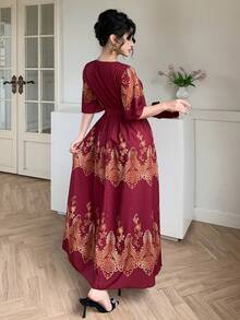DAZY Vestido longo casual feminino com estampa e decote em V - Borgonha - Ver 8