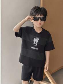 SHEIN Little Byeori Young Boys Casual Patchwork Striped Print Short Sleeve T-Shirt And Shorts Set - Black - View 3