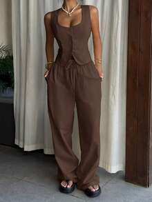 SHEIN EZwear Bộ đồ nữ màu nâu vải lanh gồm áo hai dây và quần dài, kiểu dáng thường ngày cho kỳ nghỉ hè, váy màu nâu sô cô la, quần áo màu nâu, váy màu nâu cà phê, bộ liền thân màu nâu, bộ đồ hai mảnh màu nâu, bộ đồ liền thân nữ màu nâu, áo liền quần nữ màu nâu. - màu nâu - Xem 3