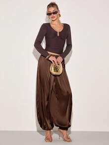 COSMINA 女士纯色弹力腰抽绳休闲宽松裤 - 棕色 - 查看 6