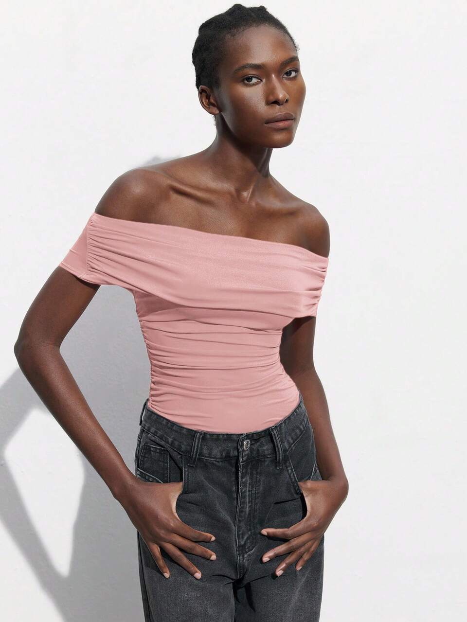 SHEIN Maija Off-The-Shoulder Ruched Pink Bodysuit, Fitted Silhouette, Versatile For Parties And Events, Spring/Summer  St Patrick's Day Women Easter Summer Outfits Easter Dress Women Party Top Beach Dress Summer Holiday Outfits Each Vacation Outfits For Women  Summer Outfit For Women Going Out Outfits Graduation Graduation Outfit  Casual Dresses  Casual Blouses For Women Off Shoulder Swimsuit Bathing Suits For Women Pink Pink Swimsuit Bathingsuits