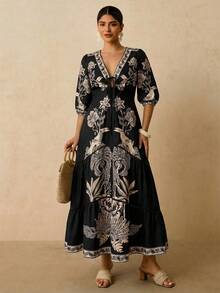 Travachic 大码女式蓝白碎花印花长款连衣裙，V领中袖浪漫度假连衣裙，蕾丝边饰长款连衣裙 - 黑色 - 查看 4