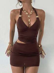 Aloruh Đầm ngắn ôm dáng dự tiệc dành cho nữ, cổ chữ V sâu, đính kim loại, thích hợp cho mùa xuân/hè. - Màu tím - Xem 8