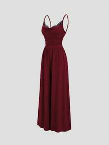 Sweetra Women's Sexy Lace Patchwork Ruffle Jumpsuit With Wide Leg - Burgundy - View 3