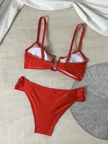 Swim Chiccia 新款夏季U型钢圈比基尼，优雅性感两件式泳衣套装，配有可调节细肩带和高腰拼接设计，适合度假海滩穿着 - 紅色 - 查看 2