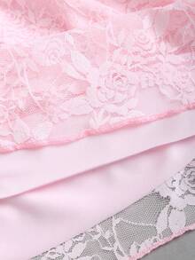 Sweetra Women's Elegant Commuting Daily Wear Pink Sexy Sheer Lace Mini Dress, Boat Neck, Bow Tie Waist, Ruched Waist, Tiered Skirt, Suitable For Summer Party And Occasions - Pink - View 3