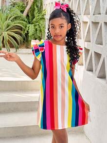 Tween Girls' Vacation Casual Fashion Woven Colorful Striped Round Neck Short Sleeve Dress - Multicolor - View 3