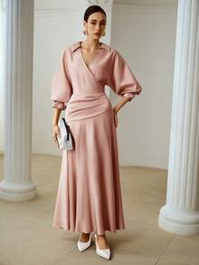 ZEYLAH Spring & Summer Elegant Wrap-Style Collared Long Sleeve Cinched Waist Fishtail Dress - Pink - View 5