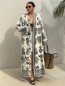 Dazy Plus Plus Size Summer Vacation Beach Allover Print Coverup Dress - Apricot - View 4
