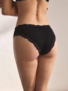 Ocili 5条/包 时尚秋季休闲基础款纯色柔软棉质蕾丝边低腰女士三角裤 - 黑色 - 查看 3