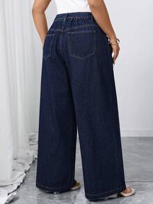 Elenzga Plus Size Women's Elegant Loose Comfortable Dark Blue Non-Stretch Wide Leg Jeans - Dark Wash - View 2