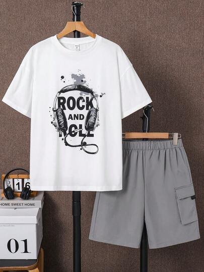 SHEIN 2pcs/Set Teen Boys Casual Short Sleeve T-Shirt And Shorts Contrast Color Set, Street Punk Rock School Daily Outings Party Music Festival, Suitable For Spring & Summer,