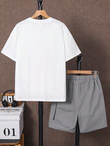 SHEIN 2件套青少年男童休闲短袖T恤和短裤撞色套装，街头朋克摇滚学校日常郊游派对音乐节，适合春夏季节穿着。 - 彩色 - 查看 3