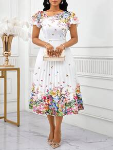 SHEIN Lady Petite Elegantes weißes Blumen Sommerkleid für Frauen, kurzes Trompetenärmel Rundhals Rüschen Midi-Länge Sommerkleid, Brunch Strand Resort Kleidung Hochzeitsgast Party, zierliche Frauen - Verschiedenfarbig - Übersicht 3