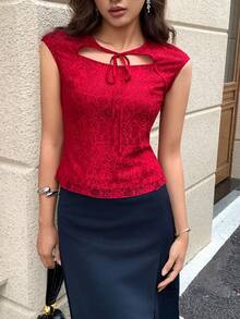 EastFlair Women's Elegant Lace Twist Collar Hollow-Cut Blouse, Summer - Red - View 4