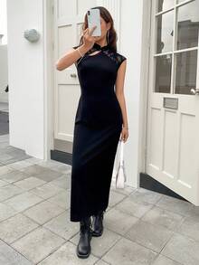 EastFlair 黑色蕾丝拼接优雅长裙,女士夏季穿搭,女士春季穿搭,情人节,圣帕特里克节,复活节,女士海滩度假穿搭,外出穿搭,黑色连衣裙,情人节礼服,女士派对礼服,优雅女士礼服,优雅女士派对礼服,奢华婚礼晚礼服,女士休闲连衣裙,女士正式礼服,女士碎花连衣裙 - 黑色 - 查看 7