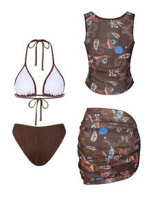 Swim Vcay Women's Casual Vacation Beach Party Printed Halter Bikini Set, 4pcs Swimsuit For Valentine's Day, Spring & Summer - Multicolor - View 3