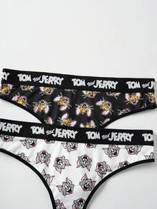 TOM & JERRY X SHEIN Quần lót nữ cỡ lớn, cạp chun in chữ và họa tiết hoạt hình, kiểu dáng thường ngày. - Đen và trắng - Xem 4