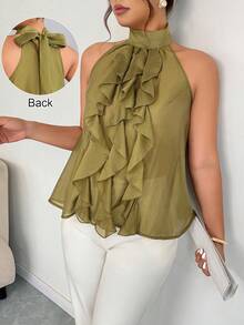 Elenzga Große Größen Elegante Bluse mit Rundhalsausschnitt und Rüschensaum für Damen, Frühling/Sommer - Grün - Übersicht 6