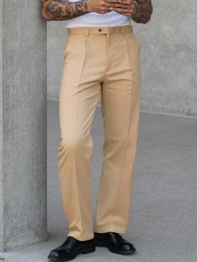 HIMLAND Men's Solid Color Casual Commuter Suit Pants With Toothpick Stripe Design